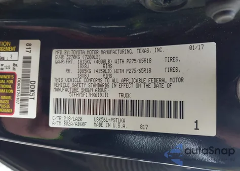 2017 Toyota Tundra Limited 5.7L V8 from USA, damaged, VIN 5TFHY5F17HX619111